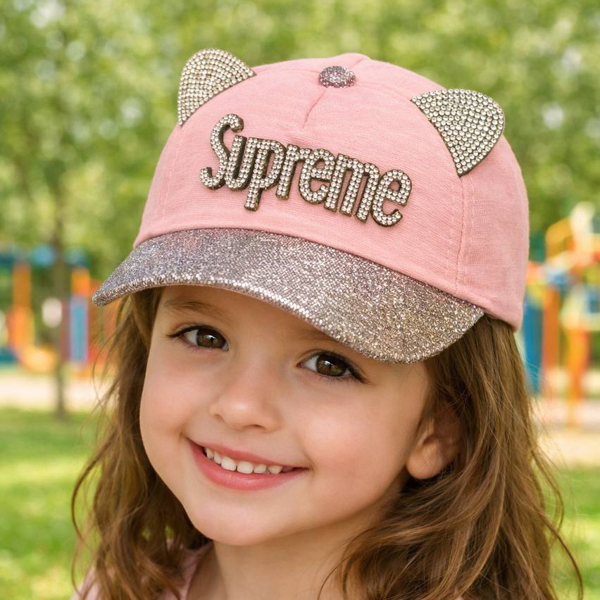 کلاه نقاب‌دار دخترانه نگین‌دار طرح Supreme (گوش‌دار و اکلیلی – رنگ صورتی)