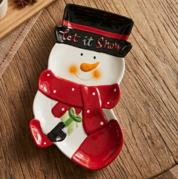 بشقاب سرو و دکوری سرامیکی طرح آدم برفی (Let it snow)